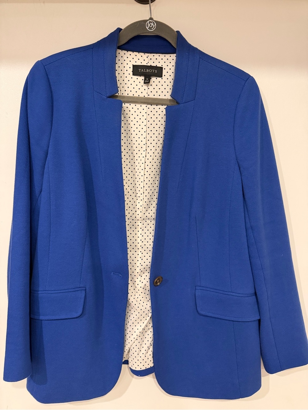 Talbots Cobalt Blue One Button Blazer Polka Dot Lining Size 12